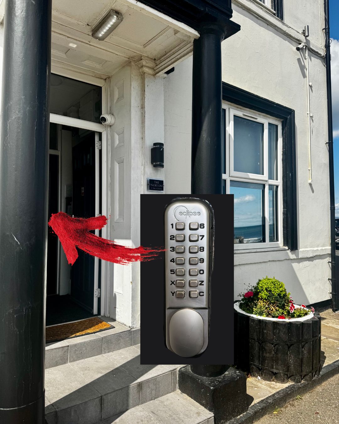 The Norton front door with keypad entry. Door codes, no reception queue.