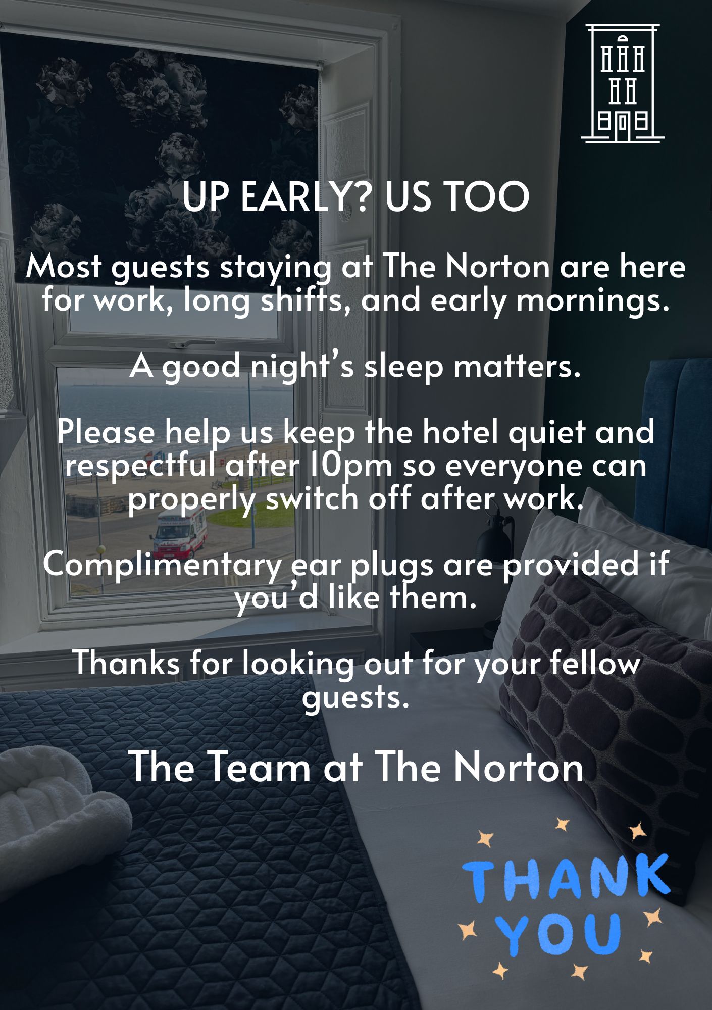 The Norton quiet hours room card — complimentary earplugs provided, quiet after 10pm.